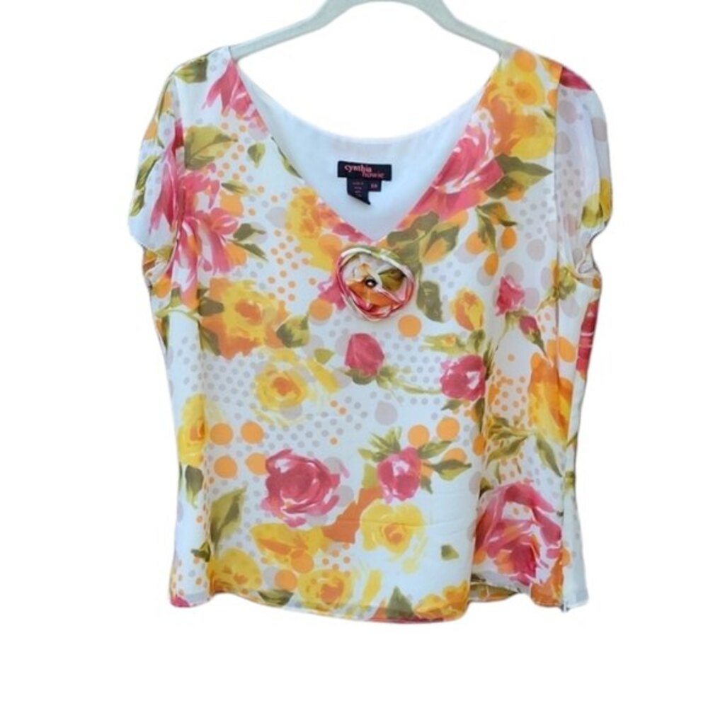 CYNTHIA HOWIE Blouse 10 SILK FLORAL PINK/ORANGE SILK FLOWER VEE NECK TOP